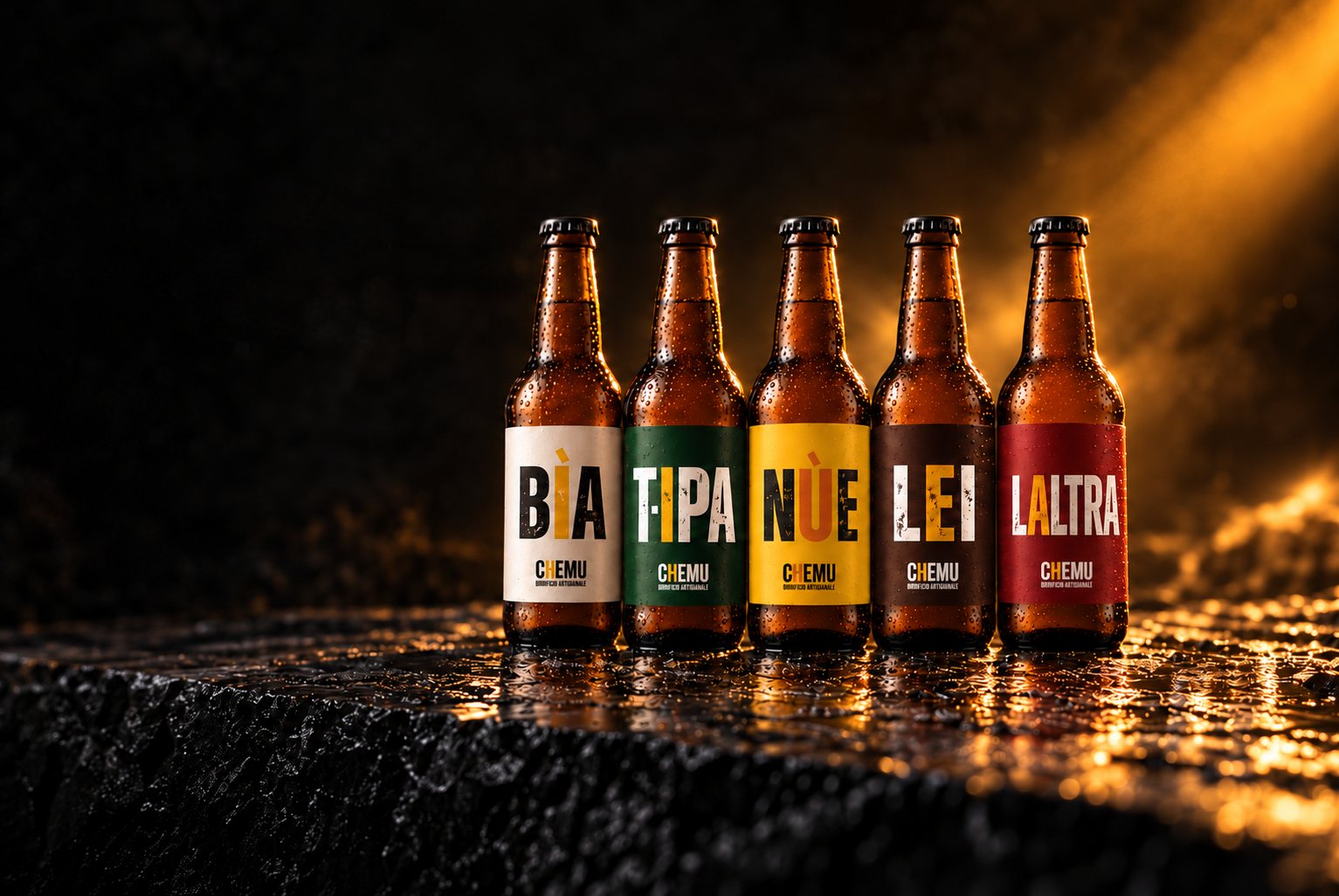Le cinque birre CHEMU — BÌA, TÌPA, NÚE, LEI e L'ALTRA — su pietra lavica